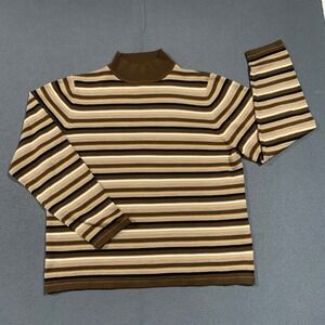 90s Y2K Sag Harbor Womens XL Mock Neck Striped Sweater Brown Tan Acrylic Vintage